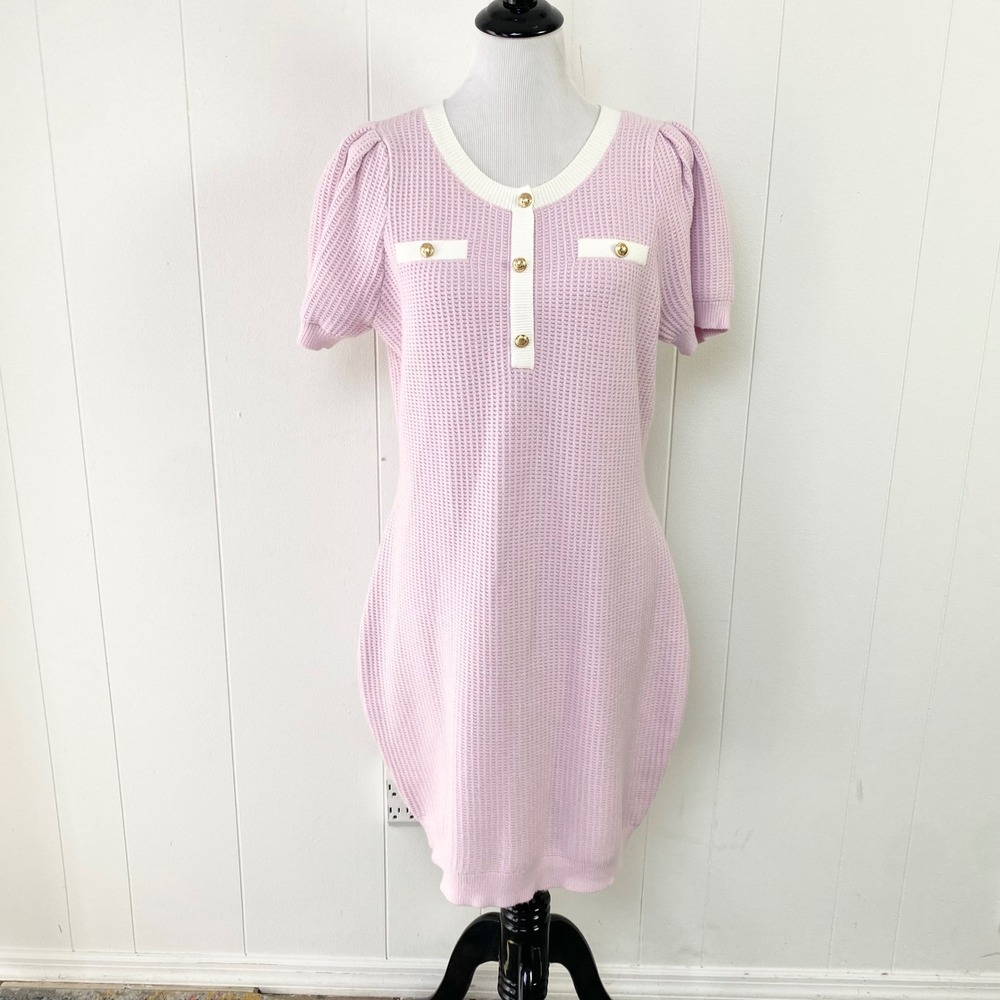 Express Lilac Pink Knit Puff Sleeve Sweater Dress Gold Buttons Large